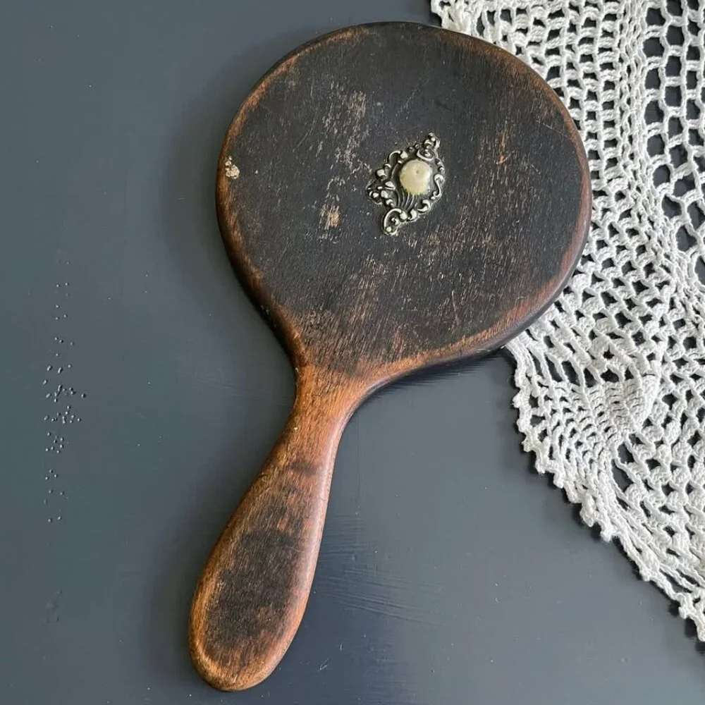 Vintage Wooden and Silver Vanity Hand Mirror Rustic Victorian Decor